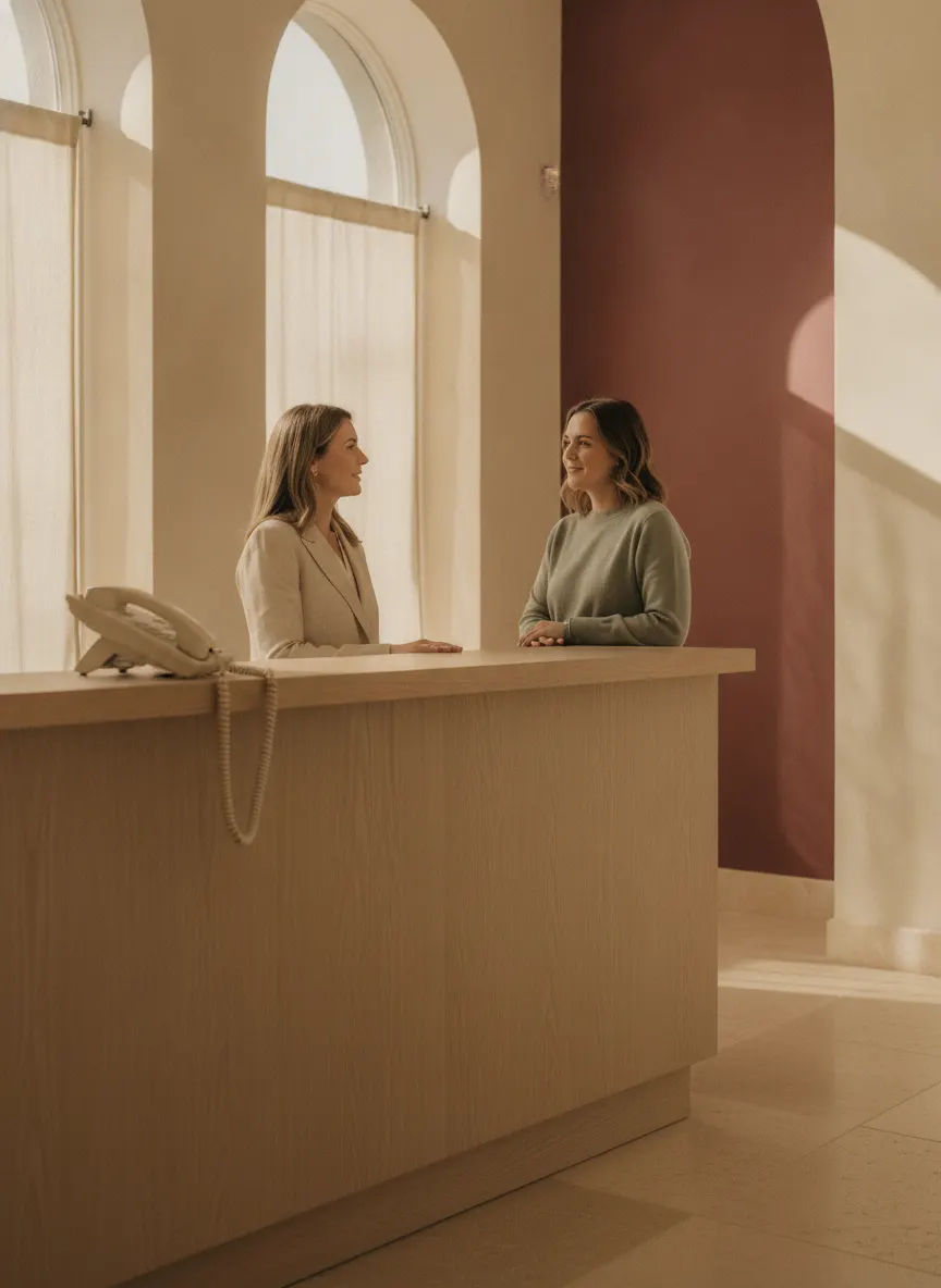 A receptionist at a med-spa front desk in conversation with a client, the desk telephone lit and unattended beside her.