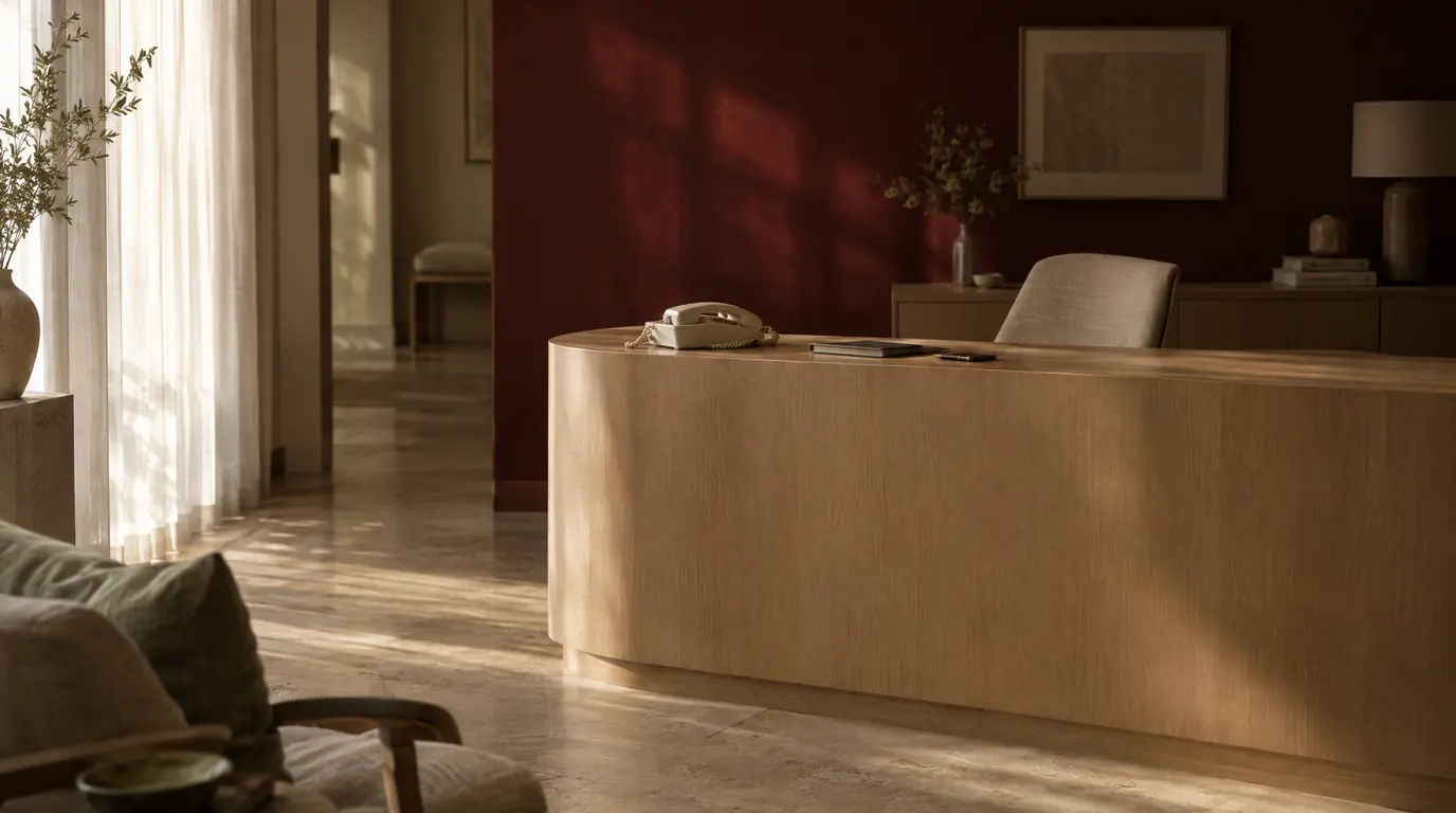 A reception desk with nobody behind it and the telephone resting in its cradle