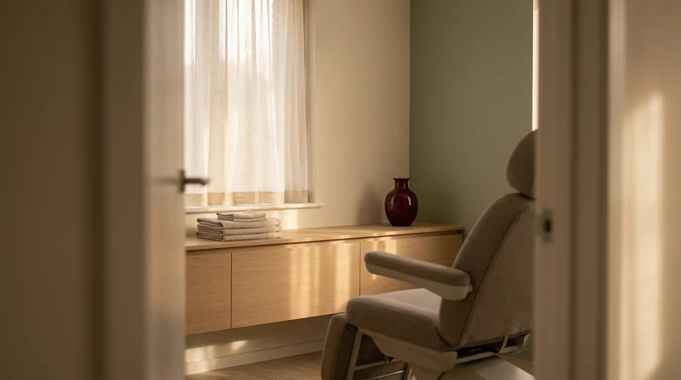 A reception desk with nobody behind it and the telephone resting in its cradle